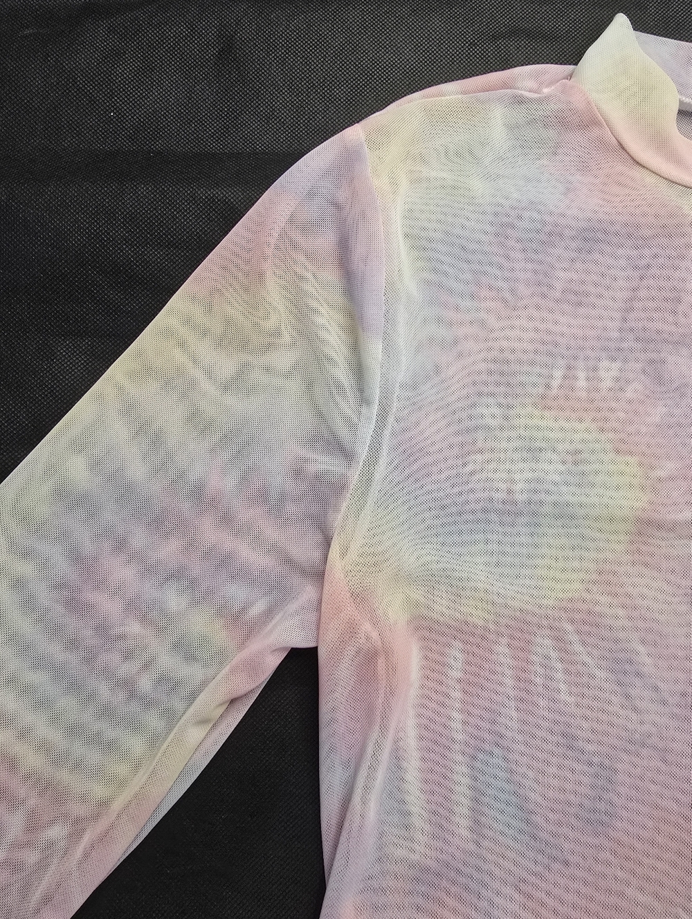 No Boundaries Sheer Top Pastel Pink Tie Dye Mesh 3/4 Sleeve Mock Neck Y2K L - Picture 6 of 12